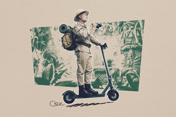 Wall Mural - Explorer riding a scooter, vintage poster design