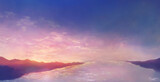 Fototapeta Na ścianę - 朝焼けの空と山と海岸の風景イラスト　日の出