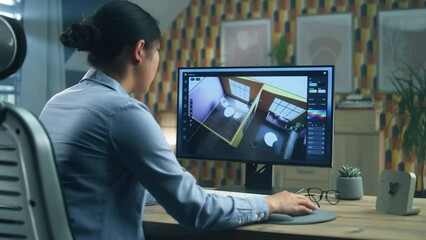 Wall Mural - woman designing house interior in modern computer program for 3d modeling and working remotely from 