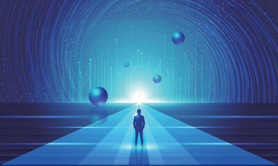 Wall Mural - Businessman facing cosmic swirl planet starry sky future technology concept illustration