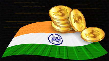 Wall Mural - Stacks of gold coins of Bitcoin BTC on colored flag of India on dark digital background. Central Bank of India adopts laws on digital assets CBDC. Vector.
