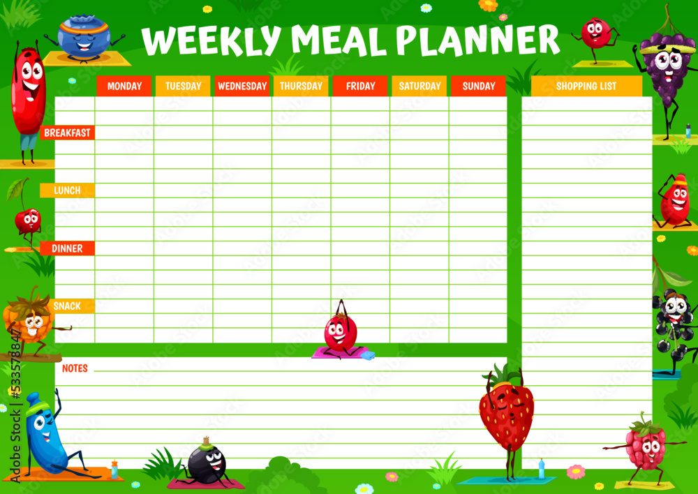 Weekly meal planner. Cartoon berry characters on yoga fitness ...