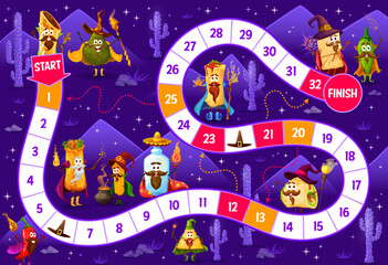 Kids board step game, cartoon Tex Mex Mexican food wizards characters, vector tabletop puzzle. Dice race step game or start and finish kids quiz with burrito sorcerer, taco warlock and tequila mage