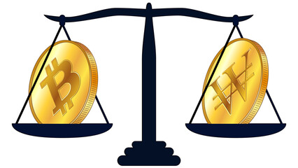 Canvas Print - Gold coin of Bitcoin BTC and Republic of Korea won KRW on scales isolated on white background. Laws on digital assets CBDC. Design element.