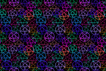 Sticker - seamless pattern of neon pentagrams on black background