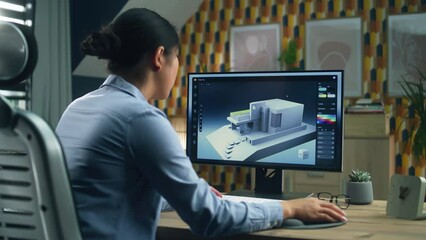 Female 3D designer at home working on 3D modeling project of house and creating exterior in professional computer program using pc
