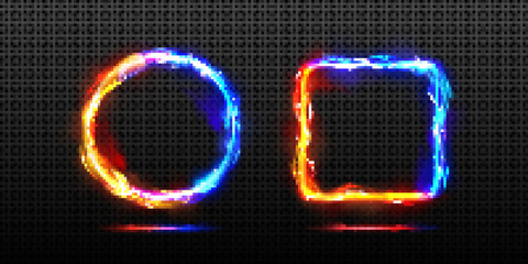 Wall Mural - abstract neon frames with fire and ice energy effect. circle and square signs with border of burning