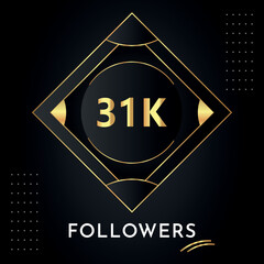 Sticker - Thank you 31k or 31 thousand followers with gold decorative frames on black background. Premium design for congratulations, social media story, social sites post, achievement, social networks.