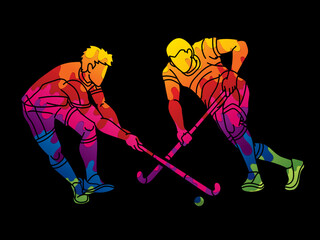 Canvas Print - Field Hockey Sport Team Male Players Action Together Cartoon Graphic Vector