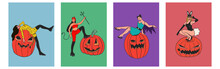 Women In Costumes With Pumpkins Concept Halloween Retro Style Set.Bat, Rabbit, Devil And Cat Costumes. Vector Illustration