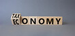 © Natallia - Taxonomy and economy symbol. Turned cubes with words Economy and Taxonomy. Beautiful grey background. Business and Taxonomy and economy concept. Copy space