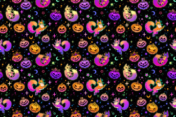 cute halloween pattern with colorful pumpkins and cats