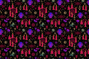 Sticker - Magical pentagrams and symbols. Ritual candles and animals. Seamless pattern