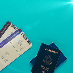 The concept of buying a ticket for a flight, two air tickets USA passport