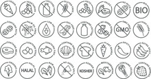 Dietary restrictions icon set with elements such as vegan, vegetarian, keto, gluten free, dairy free, sugar free etc.