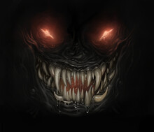 Horror Monster Face In The Darkness. Digital Painting. 