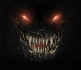 Wall Mural - Horror monster face in the darkness. Digital painting. 