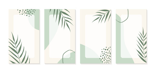 Wall Mural - Instagram stories templates with organic shapes, palm leaves and copy space for text. Green neutral abstract hand drawn minimal backgrounds