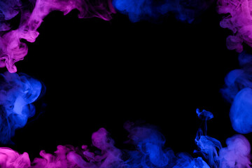 Wall Mural - flowing clouds of neon smoke frame with copy-space in center dark abstract background