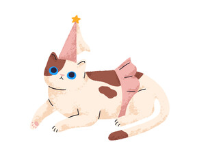 Wall Mural - Cute cat in princess costume. Sweet lovely kitty in girlish clothing, cap and skirt for meow party. Adorable little kitten. Childish flat graphic vector illustration isolated on white background