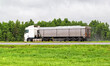 A truck driver transports a bulk cargo of grain in a semi-trailer against the backdrop of a forest. Industry, sanctions on the import and export of products. Copy space for text