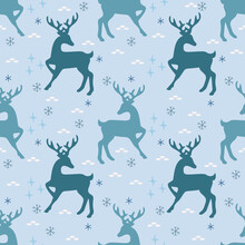 Deer Silhouette Seamless Pattern. Christmas Seamless Pattern With Gorgeous Deers And Snowflakes. Vector Illustration