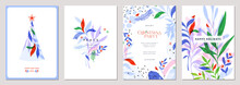 Winter Holiday Cards. Universal Abstract Christmas Templates With Decorative Christmas Tree, Ornate Floral Background And Frame With Copy Space, Birds And Greetings.