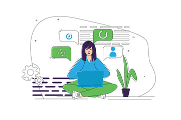 software developers blue and green concept with people scene in the flat cartoon style. girl works o