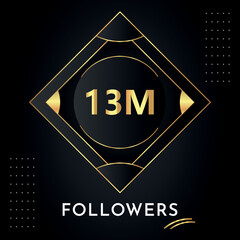 Sticker - Thank you 13M or 13 million followers with gold decorative frames on black background. Premium design for congratulations, social media story, achievement, gold number, social networks.