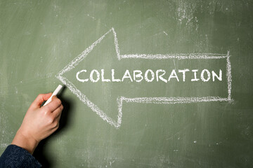 Wall Mural - collaboration. pointing arrow with text. green chalkboard background