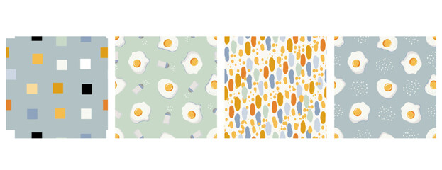 Set of breakfast food seamless patterns with fried egg, salt shaker, salt and abstract textures.
