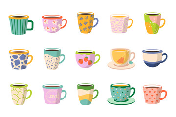 Sticker - Collection of different cups decorated with design elements. Set of colored mugs filled by beverages