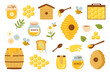 Organic honey products set. Jar with fresh liquid honey. Honeycomb, wax, bee, hive and barrel
