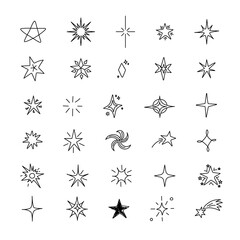 Sticker - Hand drawn starts elements set. Doodle signs and icons, night sky objects thin line drawing