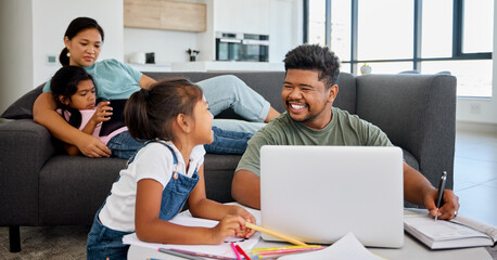 Canvas Print - Happy, family and fun learning in education with technology together in living room bonding happiness at home. Parents sitting with kids teaching, relaxing and homeschooling with fun smile for work