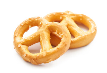 mini salted pretzel isolated on white background. group of pretzel. mini pretzel snack isolated                                                                              