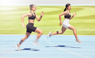 Canvas Print - Motivation, energy and sports women runner training at racetrack, power and speed performance outdoor together. Freedom, health and marathon practice by female competing in sprint endurance workout