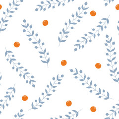 Wall Mural - Pale blue branches and orange berries isolated on white background seamless pattern. Minimalistic elegant botanicall pattern for print and design