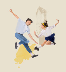 Wall Mural - Contemporary art collage. Young beautiful couple, man and woman, in stylish retro clothes dancing.