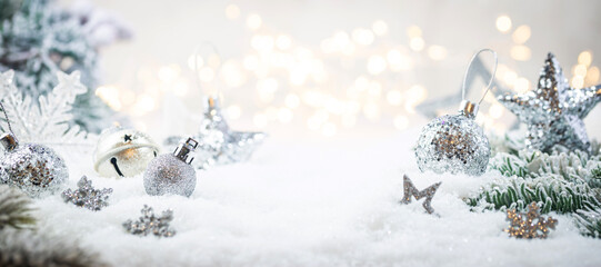 Wall Mural - christmas decorations on snow
