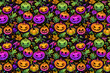 seamless bright halloween pattern of pumpkins, mushrooms and frogs