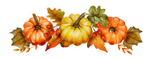 Watercolor Pumpkin Autumn Thanksgiving Fall Holiday Design. Floral Composition Orange Plant Card