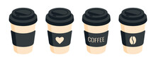 Set Of Black Coffee Paper Cup Icons. Cartoon Vector Illustration.