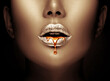 Lipstick dripping. Paint drips, lipgloss dripping from lips, liquid Gold metallic paint drops on beautiful model silver girl's mouth, creative make-up. Beauty woman face makeup close up. Art design 