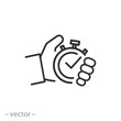 testing time icon, instant unit, stopwatch in hand, check quick, thin line symbol on white background - editable stroke vector illustration