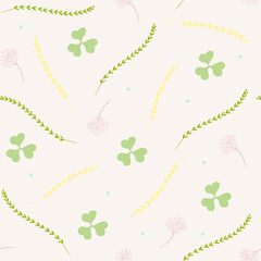 Wall Mural - Light leaves and flowers seamless pattern. Soft and tender botanical elements on light pink background. Hand drawn art for print and design