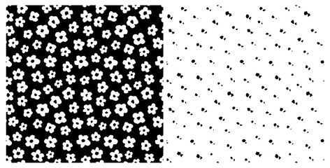Wall Mural - Set of monochrome flowers and dots seamless repeat pattern. Cute, little ditsy daisies and spotted all over surface print on white and black backgrounds.