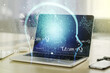 © Pixels Hunter - Creative artificial Intelligence concept with human head sketch on modern computer background. Double exposure
