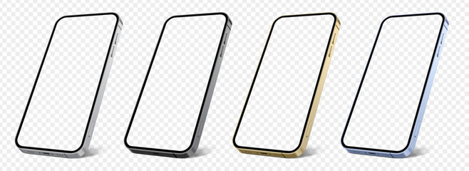 Wall Mural - vector smartphone set standing on the edge, blank transparent background, and screen. perspective po