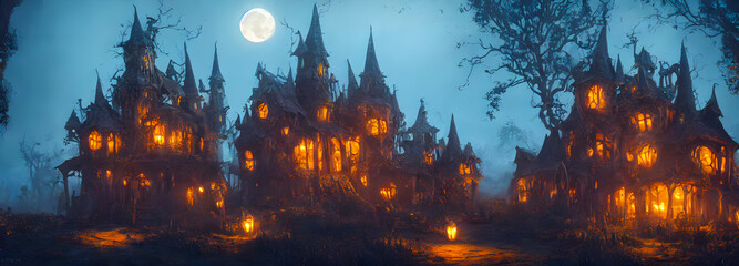 Halloween background. Witch hut. Banner size. Longer Horizontal Position. website header. 3d illustration